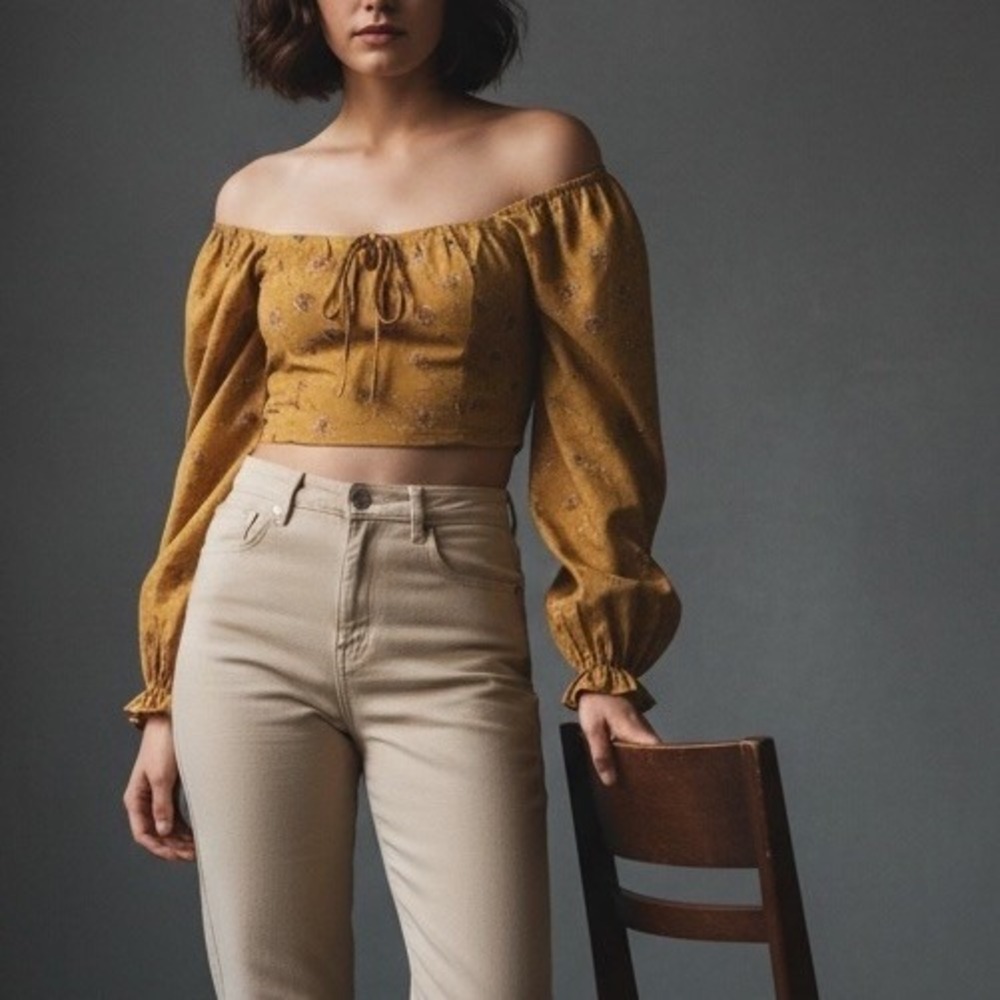 Womens XS ALTAR'D STATE Crop Top Smocked Boho Balloon Sleeves Gold Floral Blouse